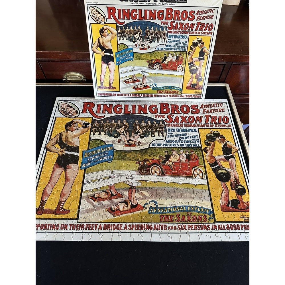 Ringling Bros Parker Jigsaw THE SAXON TRIO Giants of Strength 500+ Pc Vintage